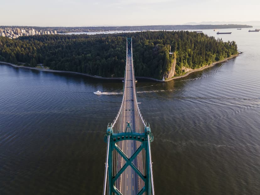 Aerial shot of the beautiful Lions Gate Bridge, Vancouver, British Columbia